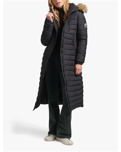 Удлиненная куртка-пуховик с капюшоном из искусственного меха, черный Superdry