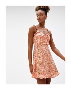 Мини-платье с цветочным принтом и завязками на бретельках из вискозы, оранжевый Koton