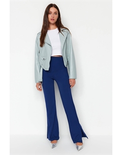 Трикотажные брюки цвета индиго с расклешенными боковыми разрезами/испанские штанины с высокой талией, темно-синий Trendyol