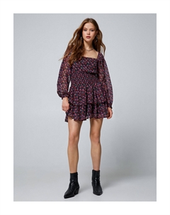 Мини-платье с цветочным принтом и длинными рукавами из тюля на подкладке с квадратным вырезом, многоуровневое, фиолетовый Koton