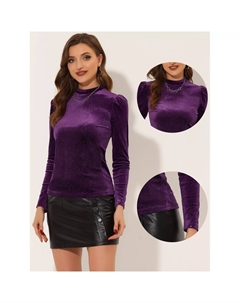 Металлический бархатный топ для женщин, винтажная блестящая футболка с длинным рукавом и пышным воротником на Хэллоуин, темно-фиолетовый Allegra k