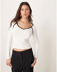 Топ с V-образным вырезом и контрастной отделкой, длинный рукав, кремового цвета Asos design