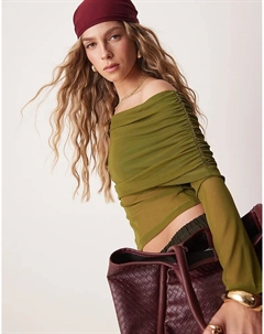 Асимметричный топ с длинными рукавами из сетчатой ткани с экстремальным отворотом в оливковом цвете Asos design