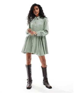 Мини-платье вельветового кроя с баской по низу, шалфейно-зеленого цвета Asos design