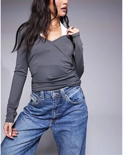 Топ из полиамида с завязками на шее, сланцево-серого цвета Asos design