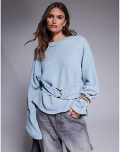 Топ с длинными рукавами из ткани букле в рубчик с золотой отделкой нежно-голубого цвета Asos design