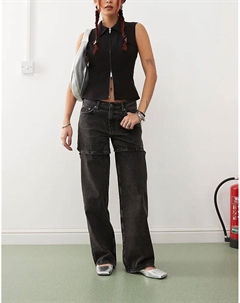 Широкие джинсы свободного кроя с заниженной талией и открытой деталью черного цвета Weekday