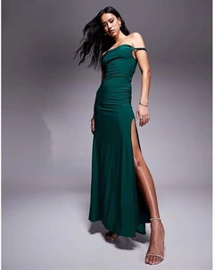 Длинное платье с перекрученными плечами и шнуровкой на спине в бутылочно-зеленом цвете Asos design