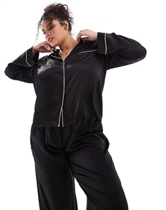 Пижамный комплект из атласной рубашки с длинными рукавами и брюк черного цвета Asos