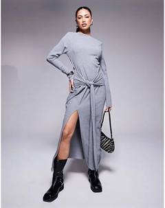 Платье миди с длинными рукавами, косым вырезом и перекрученной передней частью серого цвета Asos design