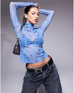 Топ из сетки delisabeta с высоким воротом и длинными рукавами синего цвета с цветочным принтом Hugo red