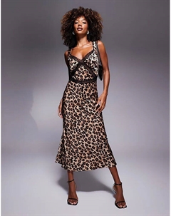 Атласное платье-комбинация миди с принтом и кружевной отделкой в леопардовом узоре Bardot