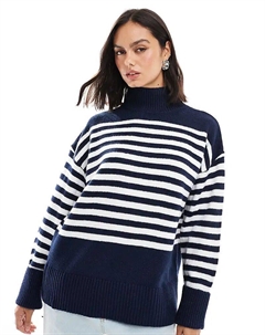 Трикотажный джемпер с высоким воротом и отворотами на манжетах в темно-синюю полоску Asos design
