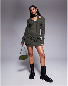 Мини-платье цвета хаки с глубоким V-образным вырезом и ребристым перекручиванием спереди Asos design