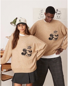 Трикотажный джемпер Disney очень свободного кроя с круглым вырезом и вышивкой Микки Мауса бежевого цвета Asos design