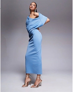 Платье миди с плиссировкой и спущенным плечом, с асимметричной спинкой, нежно-голубого цвета Asos design