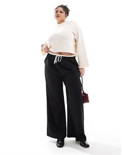 Широкие брюки с контрастной завязкой на талии черного цвета Yours