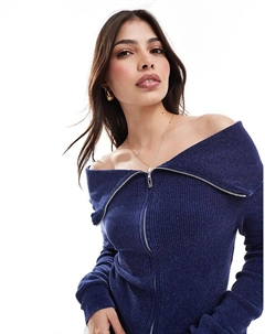 Джемпер с застежкой-молнией и вырезом «бардо» темно-синего цвета Pull & bear