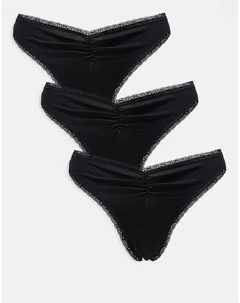 Комплект из 3 трусиков-стрингов Libby с высоким вырезом бедра и сборкой спереди, черного цвета Asos design