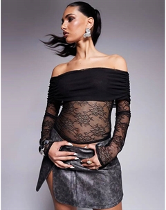 Кружевной топ с сетчатой складкой поверх бардо черного цвета Asos design