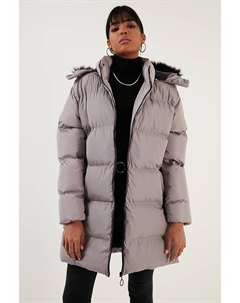 Пуховик со съемным карманом и капюшоном, воротник из искусственного меха 5761645, серый Lela