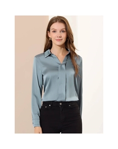 Женская элегантная однотонная атласная блузка с длинным рукавом и V-образным вырезом, ярко-розовый Allegra k