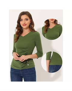 Женская однотонная блузка с V-образным вырезом и рукавами 3/4, вязаный топ с рюшами и пуговицами, ярко-розовый Allegra k