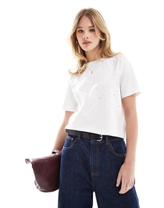 – Футболка белого цвета с жемчужными манжетами Scalpers