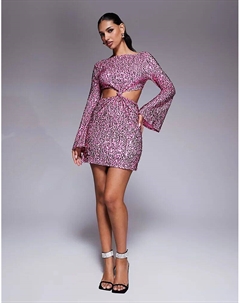 Мини-платье с пайетками, рукавами-ангелочками, вырезами и узелками ярко-розового цвета Asos design