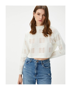 Укороченный свитшот ажурный с длинным рукавом, экрю Koton