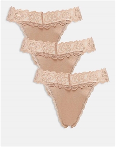 Комплект из 3 трусиков-стрингов Minnie из хлопка с кружевным поясом, нейтральный цвет Asos design