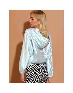 Женская блестящая куртка металлик с длинными рукавами и молнией с капюшоном, ярко-розовый Allegra k