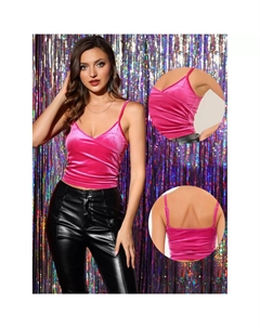 Женский бархатный укороченный топ на бретельках с глубоким V-образным вырезом, запахом и рюшами на День святого Валентина, ярко-розовый Allegra k