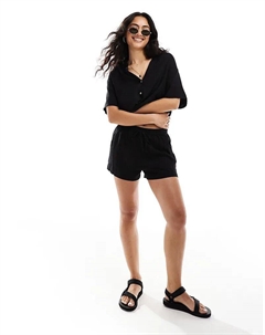 Льняные шорты черного цвета с завязками на талии, коорд. Pull & bear