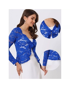 Женский укороченный кардиган с завязками спереди и кружевом с оборками по краю, прозрачное пожимание плечами, ярко-розовый Allegra k