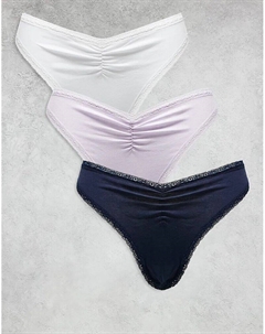 Комплект из 3 трусиков-стрингов Libby с высоким вырезом бедра и сборкой спереди в темно-синем, сиреневом и белом цветах Asos design