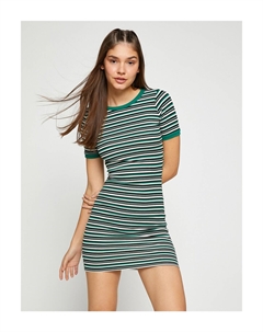 Мини-платье в полоску с коротким рукавом и круглым вырезом, зеленый Koton