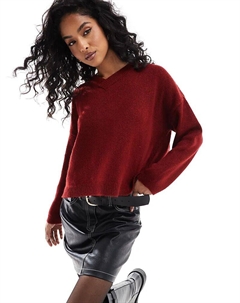 ASOS DEISGN пушистый вязаный джемпер с V-образным вырезом бордового цвета Asos design