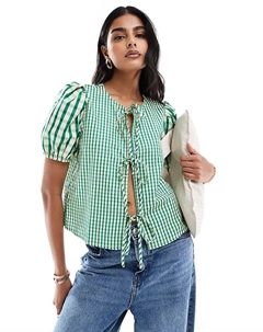 Топ в клетку в клетку зеленого цвета с завязками спереди Only