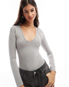 Бесшовный моделирующий боди с длинными рукавами и V-образным вырезом серого меланжевого цвета Asos design