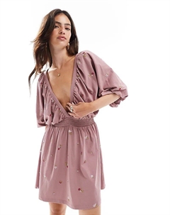 Мини-платье со сборками на талии и мелкой цветочной вышивкой в темно-розовом цвете Asos design