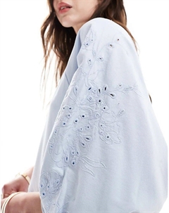 Мини-платье-свитшот с юбкой из поплина и вышитыми рукавами светло-голубого цвета Asos design