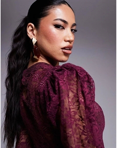 ASOS X THE SOURCED COLLECTION кружевное боди с высокой горловиной и экстремальной сборкой в бордовом цвете Asos design