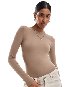 Бесшовный моделирующий боди с длинными рукавами и круглым вырезом цвета мокко Asos design