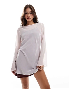 Шифоновое мини-платье с двухслойными рукавами и ангельским узором розового цвета Asos design