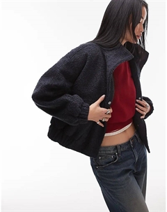 Официальное пальто-бомбер с воротником-стойкой в стиле букле темно-синего цвета Topshop