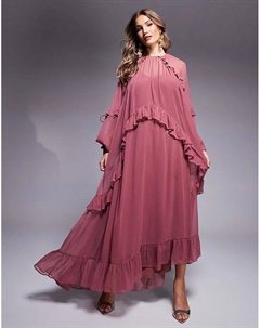 Платье макси с рюшами из бисера и кисточками ягодно-розового цвета Asos design