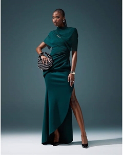 Платье макси премиум-класса с сетчатыми подплечниками и драпировкой в цвете лесной зелени Asos design