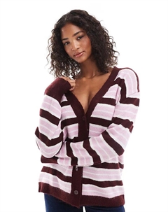 Вязаный кардиган в полоску оверсайз бордового и розового цвета Asos design