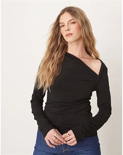 Облегающий топ с асимметричным вырезом и длинными рукавами черного цвета Jdy